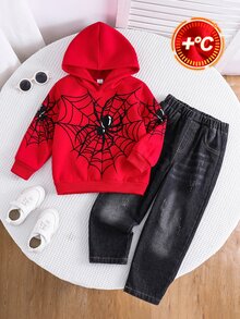 SHEIN 小男孩蜘蛛網印花連帽衛衣與貓抓牛仔褲 - 彩色 - 查看 4