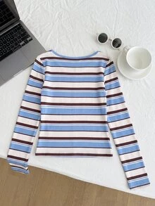 Tween Girl Striped Print Long Sleeve Tee - Multicolor - View 2