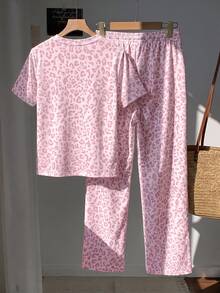 SHEIN EZwear 2件組刺繡圓領短袖上衣與條紋印花長褲，休閒風 - 淺粉色 - 查看 2