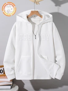 SHEIN 青少年男孩休閒極簡刺繡字母圖案抓絨拉鍊連帽衛衣 - 白色 - 查看 3