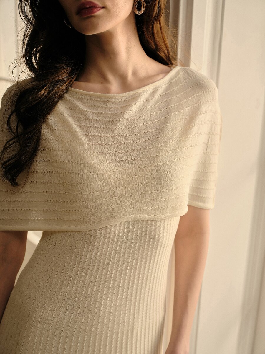MOTF PREMIUM ELEGANT 2 PIECES SET TEXTURED FLARED LONG KNIT DRESS & TOP FOR WOMEN, AUTUMN/WINTER - Apricot - View 2