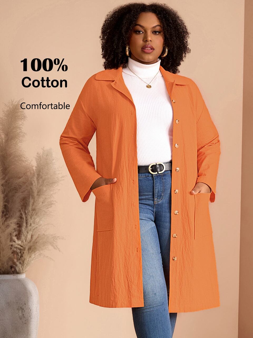 Plus Size Women's Autumn/Winter Casual Vacation Country Double Pocket Button Placket Midi Coat Fall Clothes Solid Orange Vintage Halloween Office Work