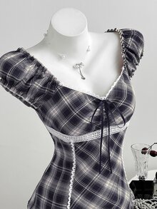 Elamini 格紋印花蕾絲飾邊抽繩前襟上衣 - 藏蓝色 - 查看 5