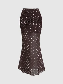 Sweetra Polka Dot Print Ruched Mermaid Hem Mesh Skirt - Coffee Brown - View 6