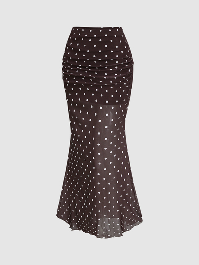 SHEIN Sweetro Polka Dot Print Ruched Mermaid Hem Mesh Skirt