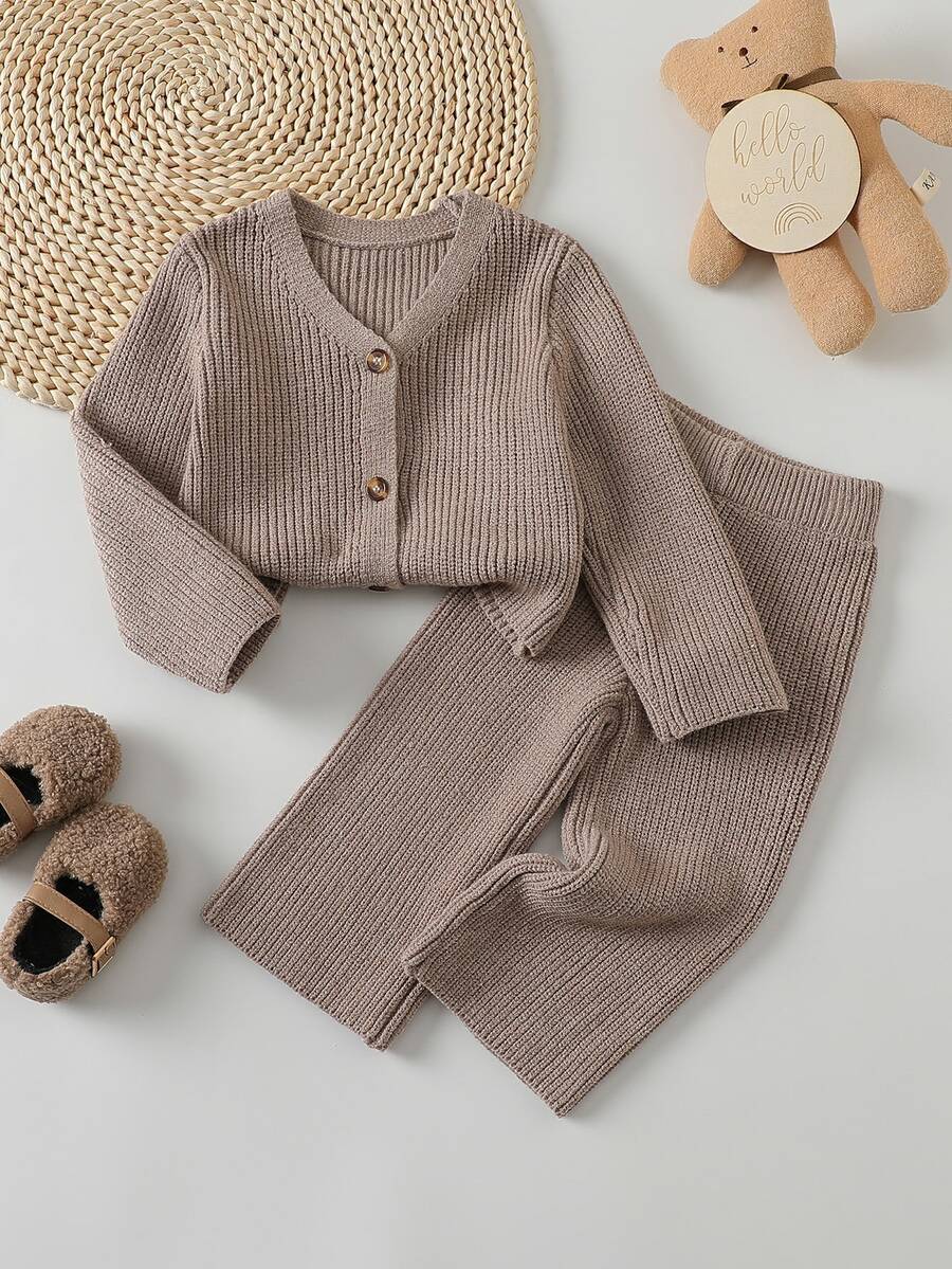 SHEIN Playful Pals Baby Girl Button Front Cardigan & Knit Pants - Khaki - View 1