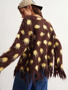 Bohemela Polka Dot Pattern Fringe Trim Drop Shoulder Sweater - Coffee Brown - View 3