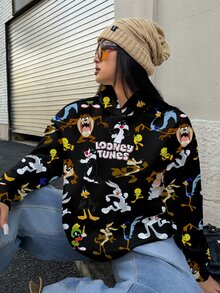 LOONEY TUNES X SHEIN 大尺碼卡通圖案落肩連帽衛衣 - 白色 - 查看 3