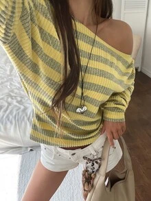 K-Vae Contrast Striped Pattern Asymmetrical Neck Slim Fit Rib-Knit Tee - Multicolor - View 4