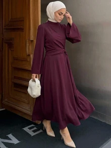 DAZY Women's Elegant Fashion Pleated Waist Long Sleeve Dress Fall - Burgundy - View 6