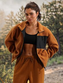 Exploreva Women's Winter Comfortable Zipper Pocket Long Sleeve Outdoor Fleece Jacket - Brown - View 1
