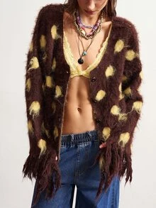 Bohemela Polka Dot Pattern Fringe Trim Drop Shoulder Sweater - Coffee Brown - View 2