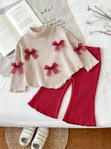 SHEIN Playful Pals 嬰兒（女）T卹套裝 - 酒紅色 - 查看 3