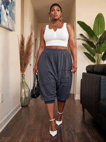 Slaydiva Plus Solid Elastic Waist Harem Pants Fall - Grey - View 9