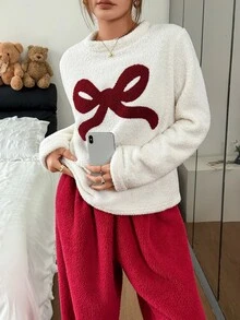 Napfluff Bow Pattern Flannel PJ Set - Red and White - View 3