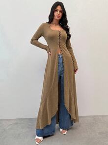 Firerie 女款休閒前開扣超長版T恤，秋季 - 卡其色 - 查看 7