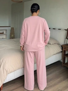 Dazy Plus 字母印花寬鬆短袖T恤與長款針織睡褲2件套大尺碼女款春夏秋居家服 - 粉色 - 查看 6