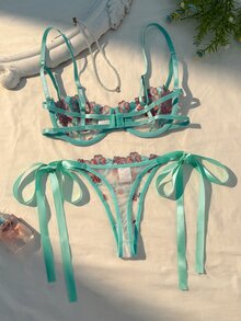 SHEIN 女款天藍色刺繡綁帶內衣套裝 2件組 - 薄荷綠 - 查看 2