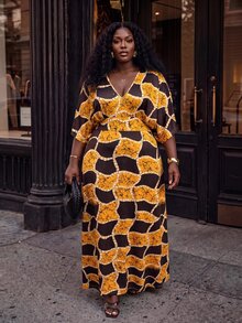 Slaydiva Plus Allover Print V Neck Dress Fall - Multicolor - View 5