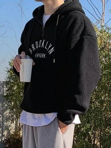 DAZY Men Letter Embroidery Drop Shoulder Drawstring Teddy Hoodie Without Tee - Black - View 4