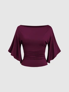 Sweetra Solid Boat Neck Flutter Sleeve Ruched Slim Waist Tee - Red Violet - View 1
