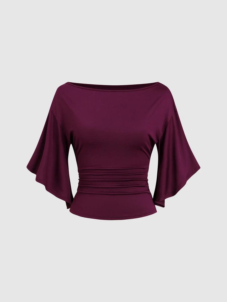 Sweetra Solid Boat Neck Flutter Sleeve Ruched Slim Waist Tee - Red Violet - View 1