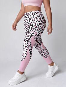 SHEIN Velisys Plus Leopard Print Wideband Waist Sports Leggings - Multicolor - View 5