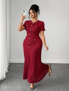 Elenzga Gaun Plus Size Polos dengan Kancing Depan dan Hem Model Duyung, Cocok untuk Sehari-hari, Kantor, Makan Malam, Perjalanan, Warna Burgundy, Musim Gugur, Elegan - Burgundy - View 1
