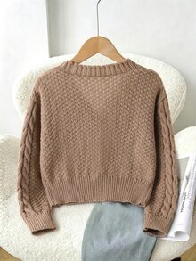 SHEIN Tween Girl Solid Drop Shoulder Cable Knit Cardigan - Brown - View 2