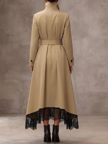 Wandoria Contrast Lace Asymmetrical Hem Belted Longline Lightweight Jacket - Khaki - View 2
