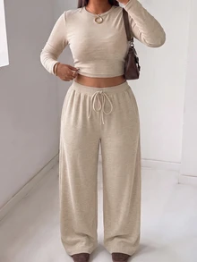 Muchica Plus Size Round Neck Long Sleeve Minimalist T-Shirt And Drawstring Waist Long Pants 2 Pieces Set Fall - Khaki - View 4