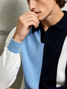 Manfinity Dauomo Men's Striped Long Sleeve Casual Turn Collar Sweater - Blue - View 5