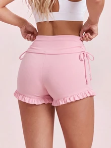 SHEIN Sovereign Charm Drawstring Side Ruffle Hem Sports Shorts - Pink - View 2