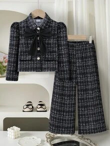SHEIN 2件組女童開學季秋季外套套裝 - 黑色 - 查看 1