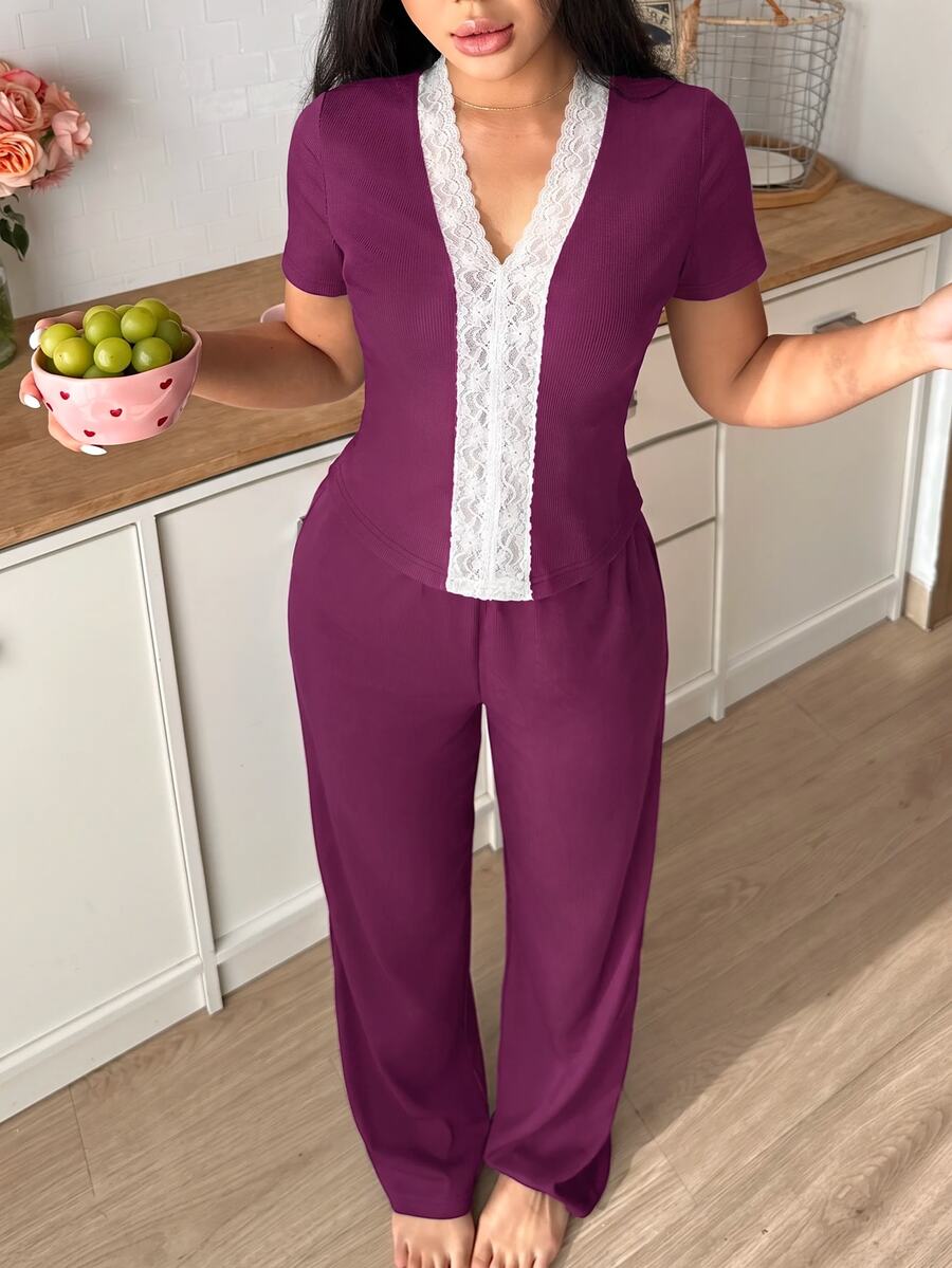 SweetSlumber V-Neck Contrast Lace Short Sleeve Top & Pants Pajama Set - Violet Purple - View 1