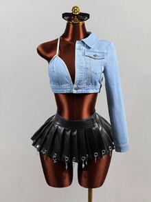 Mistrie 不對稱單肩短版牛仔外套 淺藍色 秋季街頭風 秋冬女款 啤酒節穿搭 - 藍色 - 查看 1