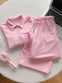Comfortcana Contrast Striped Print Polo Collar Long Sleeve Top & Knot Front Pants Set - Pink - View 7