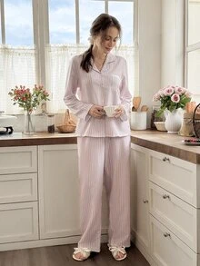 Snug Reverie Striped Cardigan Collar Lace Trim Women's Long Sleeve Pajama Set - Baby Pink - View 6