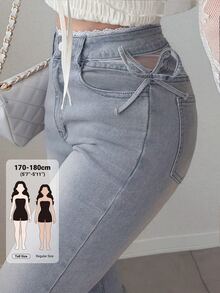 Dazy Tall Celana Jeans Wanita Model Slim Fit dengan Hiasan Pita dan Patchwork Renda Warna Kontras, Model Flare Kasual untuk Musim Gugur - Light Wash - View 1