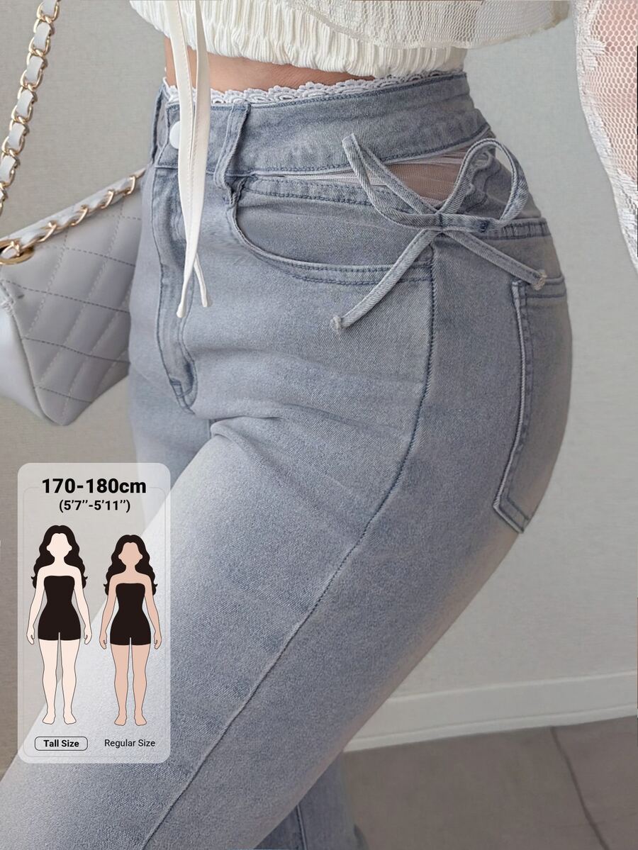 Dazy Tall Celana Jeans Wanita Model Slim Fit dengan Hiasan Pita dan Patchwork Renda Warna Kontras, Model Flare Kasual untuk Musim Gugur - Light Wash - View 1