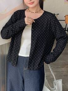 Dazy Plus 女童小圓點圓領鈕扣開襟長袖休閒針織外套，春夏/秋冬可愛上衣 - 黑色 - 查看 5