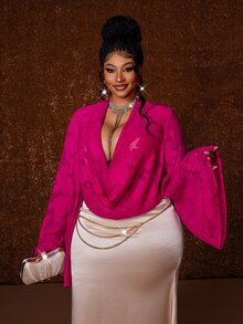Maweii Plus Draped Collar Trumpet Sleeve Blouse - Hot Pink - View 4
