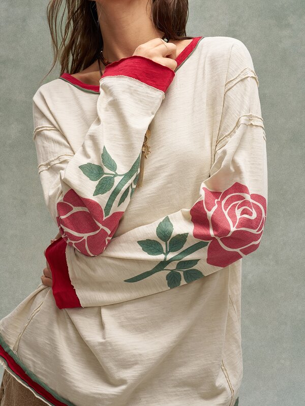 Bohemela Floral Print Drop Shoulder Oversize Ringer Tee