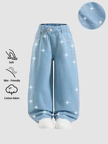 SHEIN Elladie kids 少女彈性腰水鑽裝飾寬腿牛仔褲 - 淺色水洗藍 - 查看 1