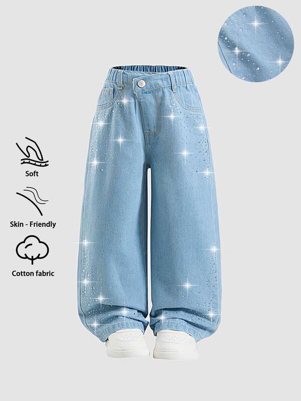 SHEIN Elladie kids Young Girl Elastic Waist Rhinestone Detail Wide Leg Jeans
