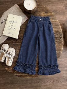 SHEIN Jeans de pierna ancha con volantes para niñas - Azul lavado oscuro - Ver 5