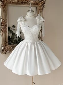 Lovelzi Contrast Lace Tie Shoulder Bridal Shower Dress - White - View 1