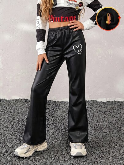 Tween Girl Heart Print PU Leather Pants