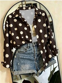 Franclia Polka Dot Print Button Front Shirt - Coffee Brown - View 1