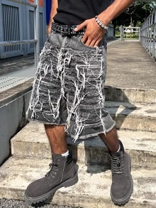 GALLERY FADE 男士原色毛邊斜口袋牛仔短褲 - 深灰色 - 查看 4